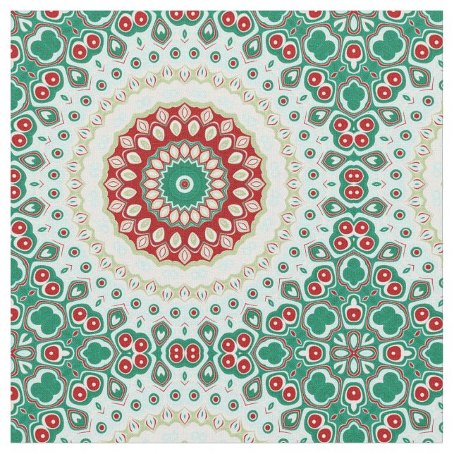 Tecido Mandalas de Natal em Vermelho, Verde e Azul Gélido (Detalhe)