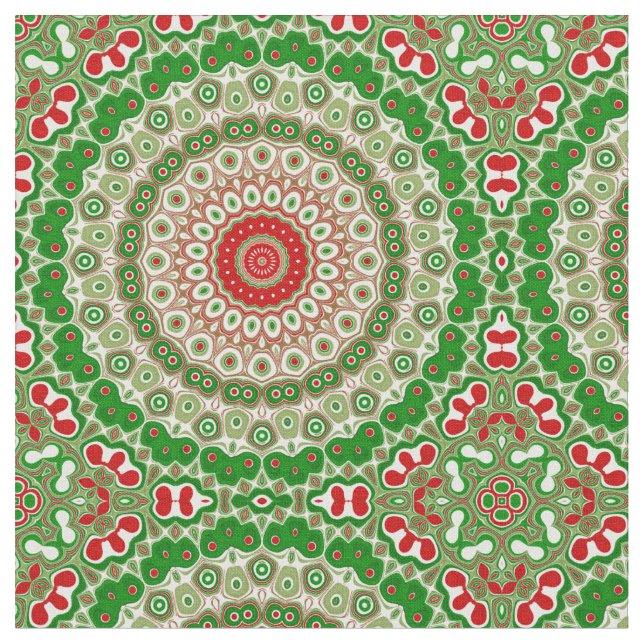 Tecido Mandalas Festivas Vermelhas e Verdes com Simetria  (Detalhe)