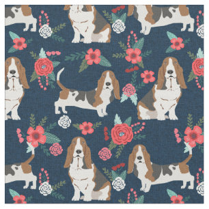 Tecido marinho Basset Hound e floral rosa