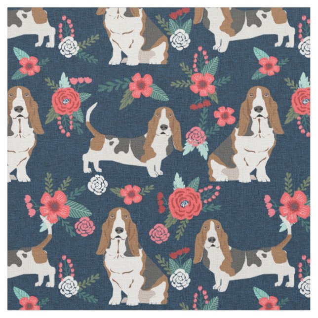 Tecido marinho Basset Hound e floral rosa (Detalhe)