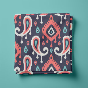 Tecido Marinho Turquoise e Coral Ikat Paisley