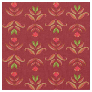 Tecido Maroon Folk Art Floral, Vermelho Escuro Natal
