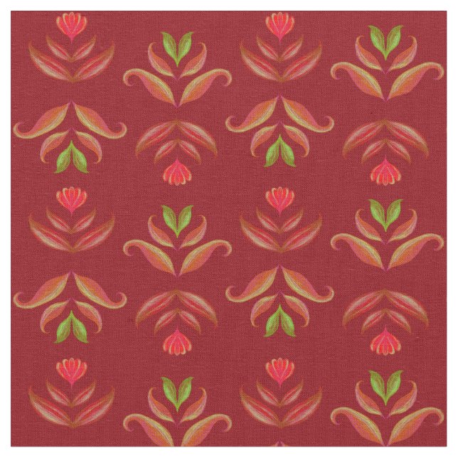 Tecido Maroon Folk Art Floral, Vermelho Escuro Natal (Detalhe)