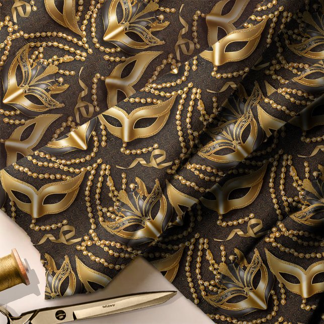 Tecido Mascarada Pattern Miçanga Mask Black Dourado ID103 (Criador carregado)