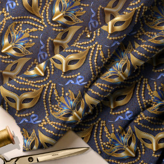 Tecido Mascarada Pattern Miçanga Mask Blue Dourado ID1031