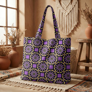 Tecido Medalhão Geométrico Moderno Roxo Amarelo Preto