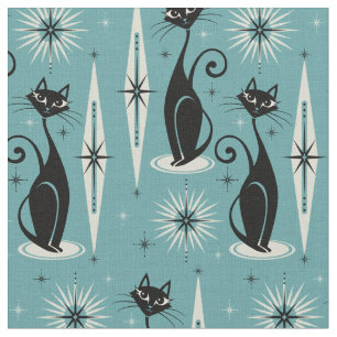Tecido Meio século mede gatos retrô atômicos no azul I