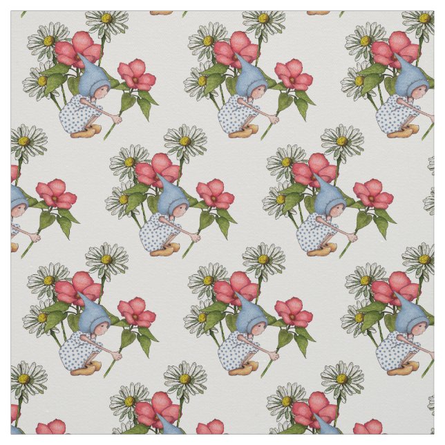 Tecido Menina tirada mão com flores, arte do gnomo da (Modelo)