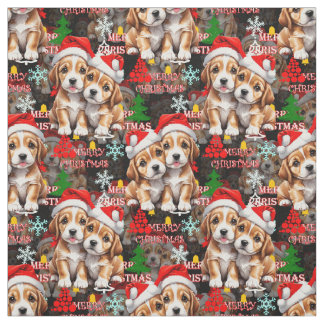 Tecido Merry Christmas Santa Hat Dog Puppy Design - Black