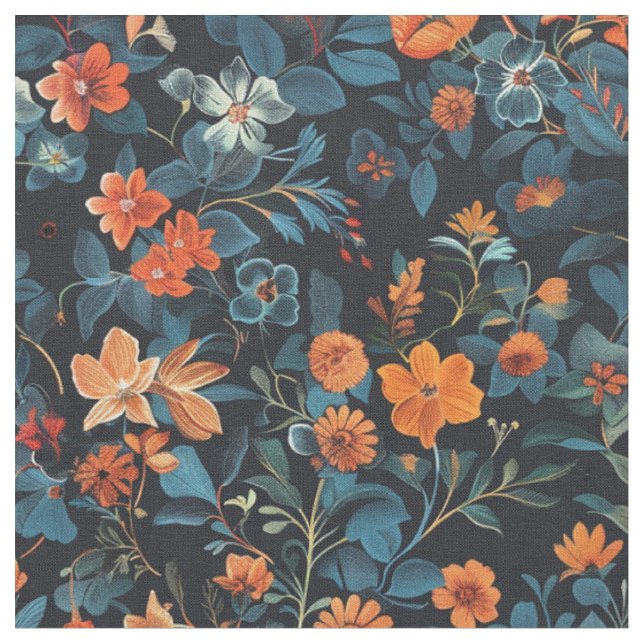 Tecido Midnight Bloom: Sinfonia Floral Laranja e Azul (Detalhe)