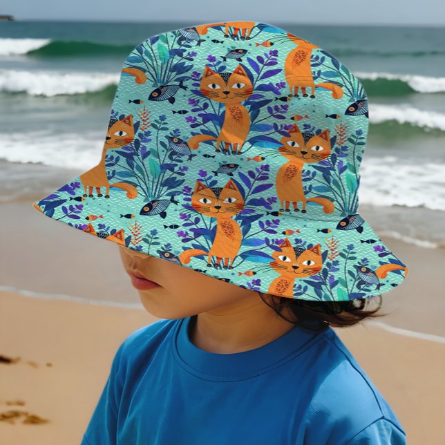 Tecido Mint Folk Art Cats and Fish Patterno (Sew your own bucket hats)