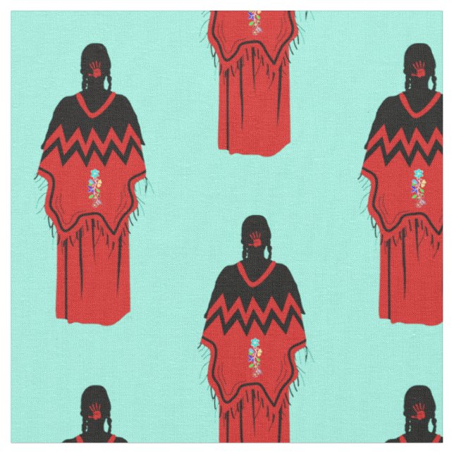 Tecido MMIW Kwe com Turquesa de Padrão de Mão Vermelha (Detalhe)