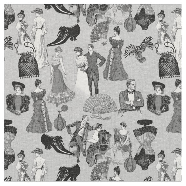 Tecido moda vitoriana sala de baile toile preto branco (Detalhe)