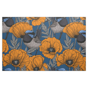 Tecido Moinhos de fada e flores de papoila laranja