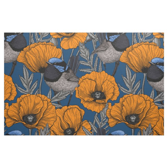 Tecido Moinhos de fada e flores de papoila laranja (Fat Quarter)