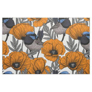 Tecido Moinhos de fada e flores de papoila laranja 2