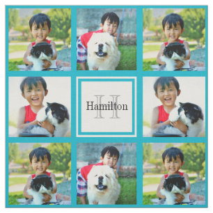 Tecido Monograma de Colagem de Fotos Personalizada Teal