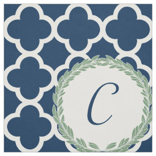 Tecido Monograma - Letra Azul com Quatrefoil Verde