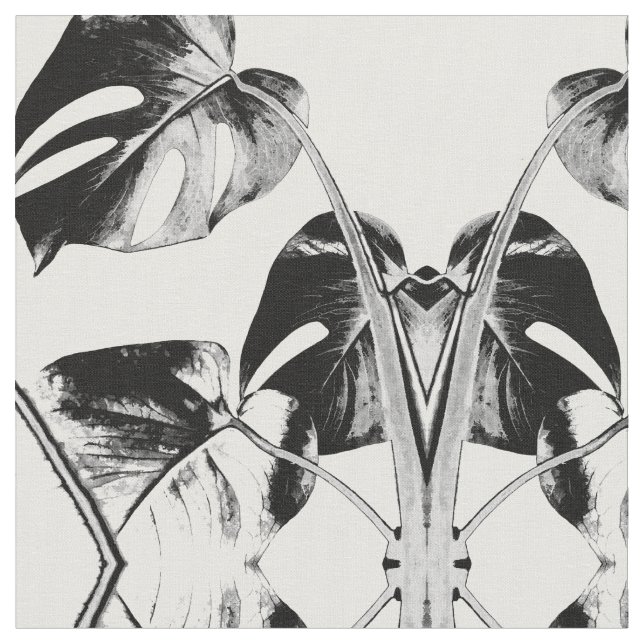 Tecido Monstera deixa preto e branco tropicais (Detalhe)