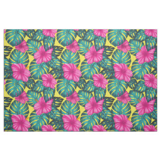 Tecido Monstera Leaves e Hibiscus, Rosa Teal em Amarelo