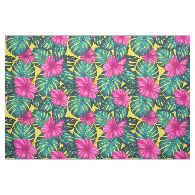 Tecido Monstera Leaves e Hibiscus, Rosa Teal em Amarelo (Fat Quarter)