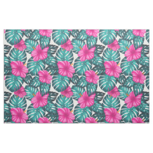 Tecido Monstera Leaves e Hibiscus, Rosa Teal em Branco