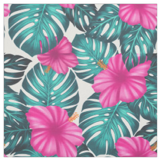 Tecido Monstera Leaves e Hibiscus, Rosa Teal em Branco