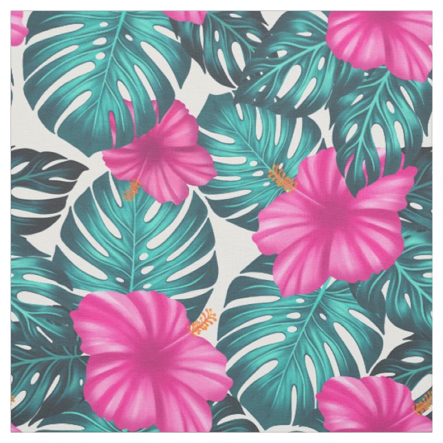 Tecido Monstera Leaves e Hibiscus, Rosa Teal em Branco (Modelo)