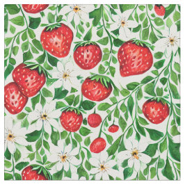 Tecido Morangos Vermelhos e Flores Brancas