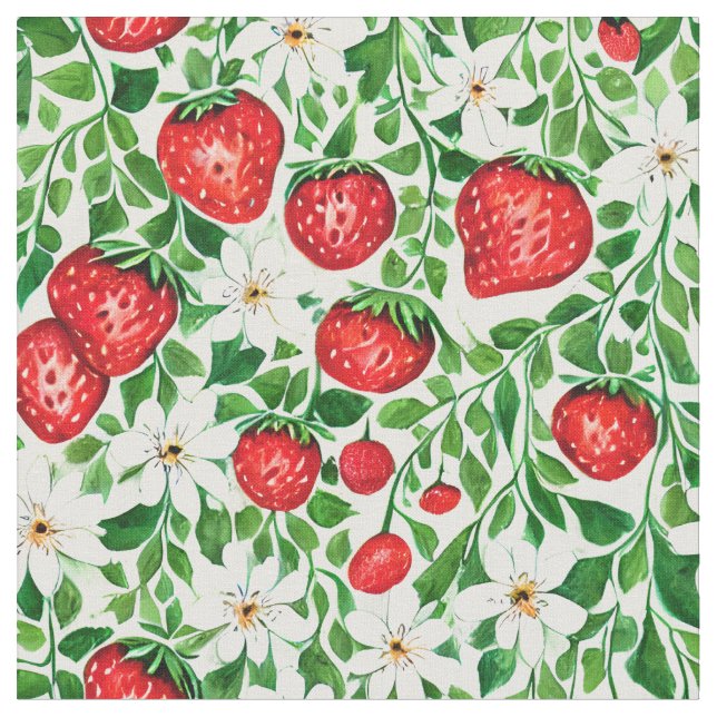 Tecido Morangos Vermelhos e Flores Brancas (Detalhe)