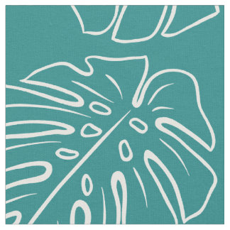 Tecido Motif De Folha Tropical Branca Em Verde Azul-Teal