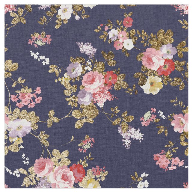 Tecido Na moda marinho azul cor-de-rosa boho floral (Detalhe)