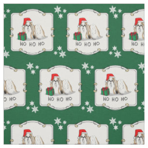 Tecido Natal Santa Hat Shih Tzu (branco-tan)