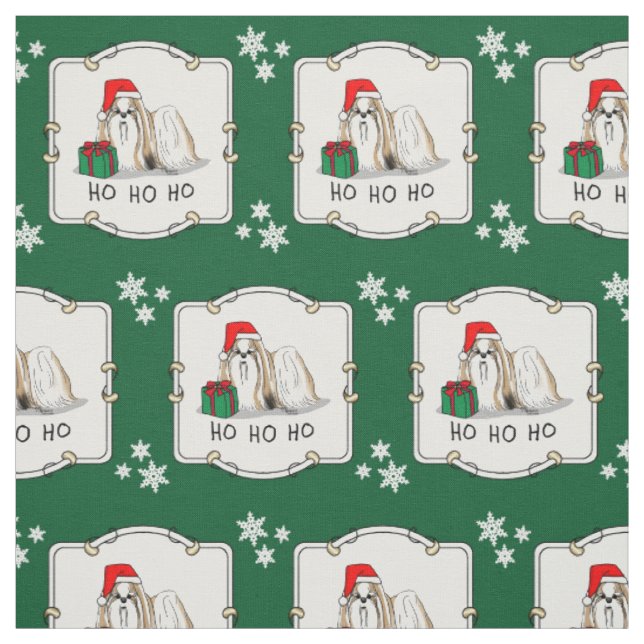Tecido Natal Santa Hat Shih Tzu (branco-tan) (Modelo)