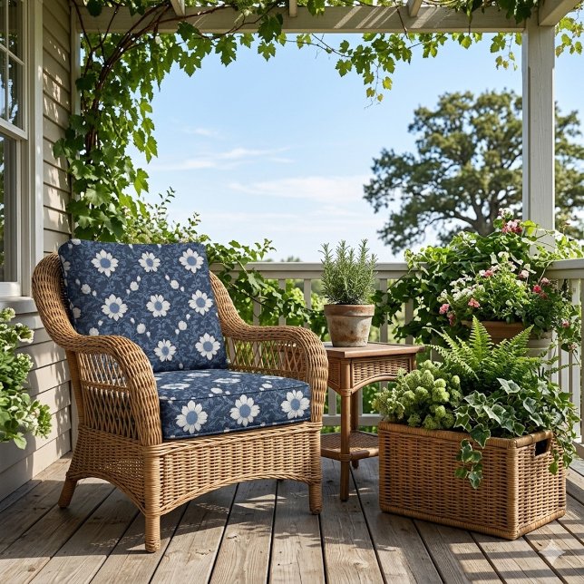 Tecido Navy Blue White Floral Minimalistic Victorian Chic (Navy Blue White Floral Minimalistic Victorian Chic Fabric)