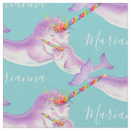 Tecido Nome personalizado Narwhal watercolor art aqua