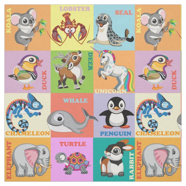 Tecido Nomes de Animais com Imagens de Animais de Cartoon (Modelo)