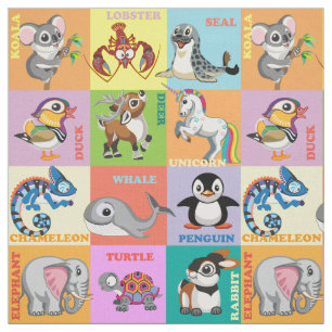 Tecido Nomes de animais com imagens de animais de desenho