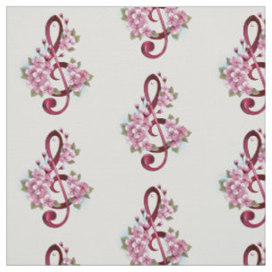Tecido Notas de clave de trecho musical com flores de Sak