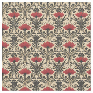 Tecido Nouveau de Arte Floral Vermelha e Preta em Beige
