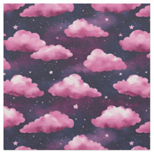 Tecido Nuvens e estrelas cor-de-rosa em um roxo escuro