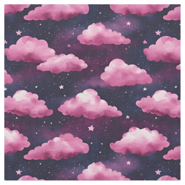 Tecido Nuvens e estrelas cor-de-rosa em um roxo escuro (Detalhe)