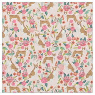 Tecido O cão Basenji vintage floresce rosa
