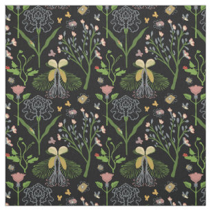 Tecido o jardim floresce, borboletas, gafanhoto, joaninha