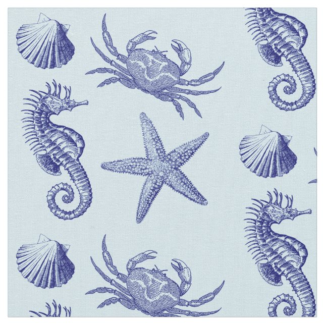 Tecido Ocean Beach Seacavalo Starfish Crab & Shell Patter (Detalhe)