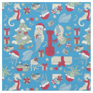 Tecido oceano natal sereia papai noel água-viva-marinha