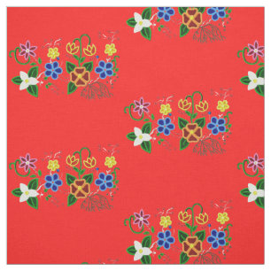 Tecido Ojibwe Floral Design com Fundo Vermelho