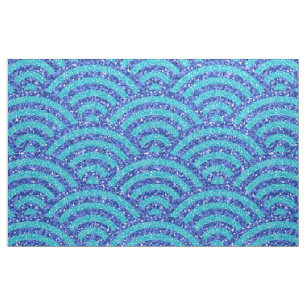 Tecido Ondas do Mar Asiático Azul Brilhante em Xilogravur