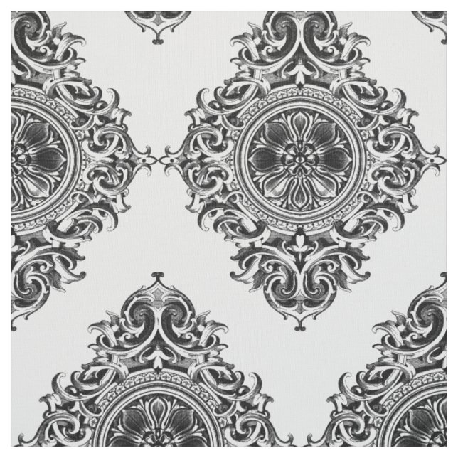 Tecido Ornamento Floral Branco e Preto Elegante (Modelo)