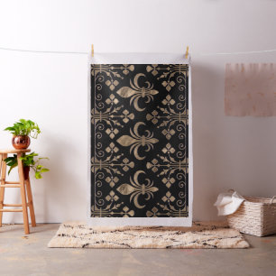 Tecido Ornamento real preto e dourado Fleur-de-lis